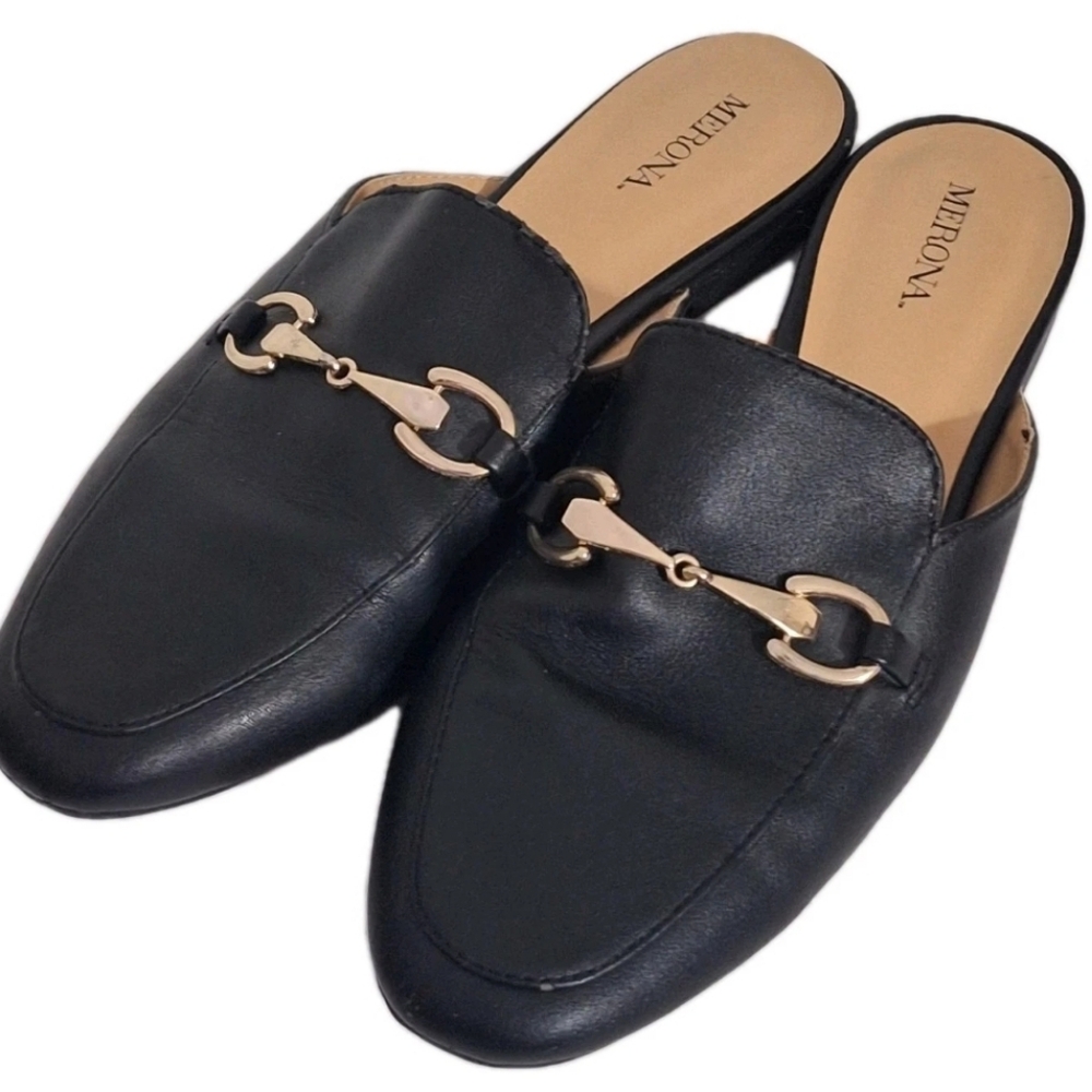 Merona Backless Penny Loafers Slip On Black Faux Leather Womens Size 8.5 GUC